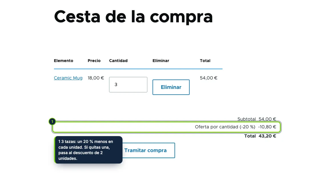 En el carrito, el descuento del tramo es un ajuste de promoción de la línea, visible en el resumen del pedido.