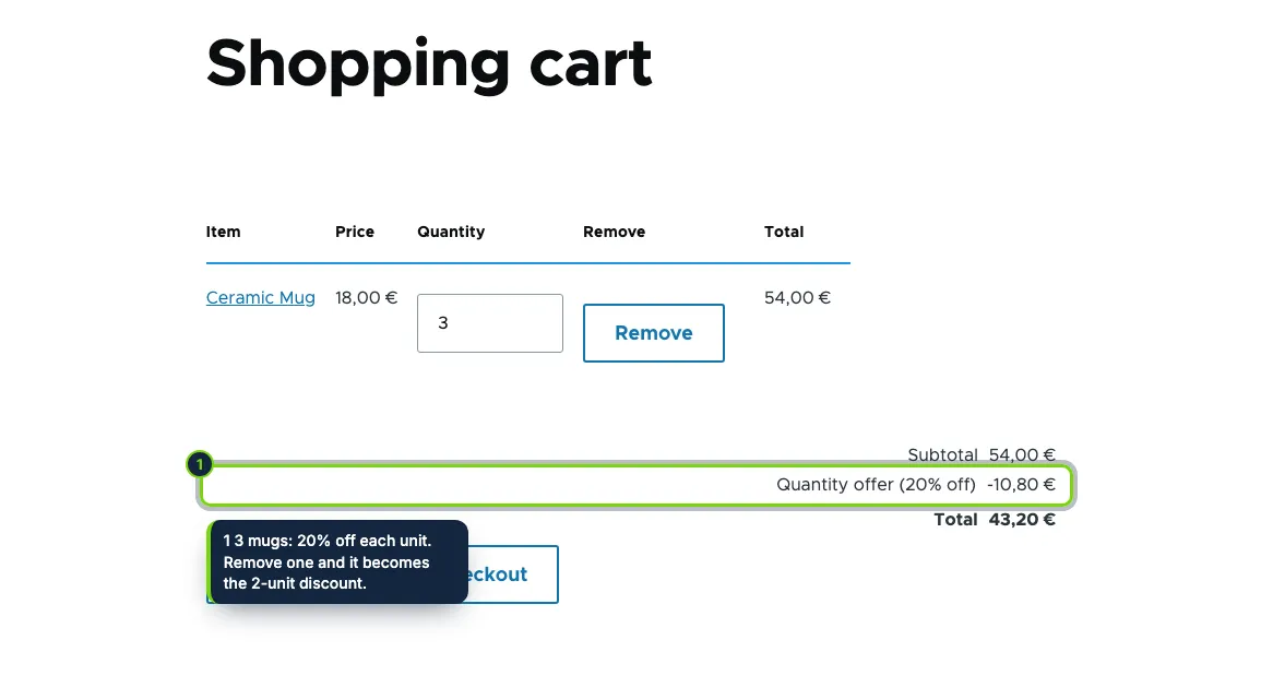 In the cart, the tier discount is a promotion adjustment of the order item, shown in the order summary.