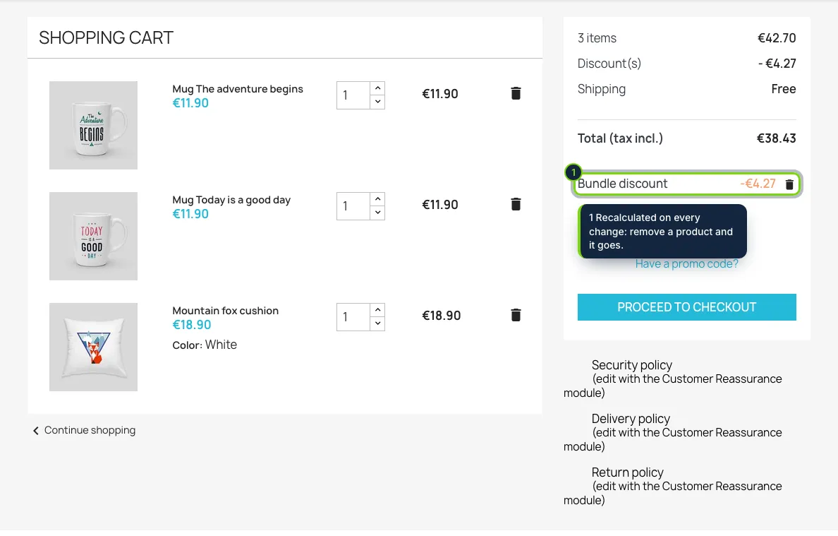 All three in the cart with one click; the bundle discount is a native cart rule of this cart.