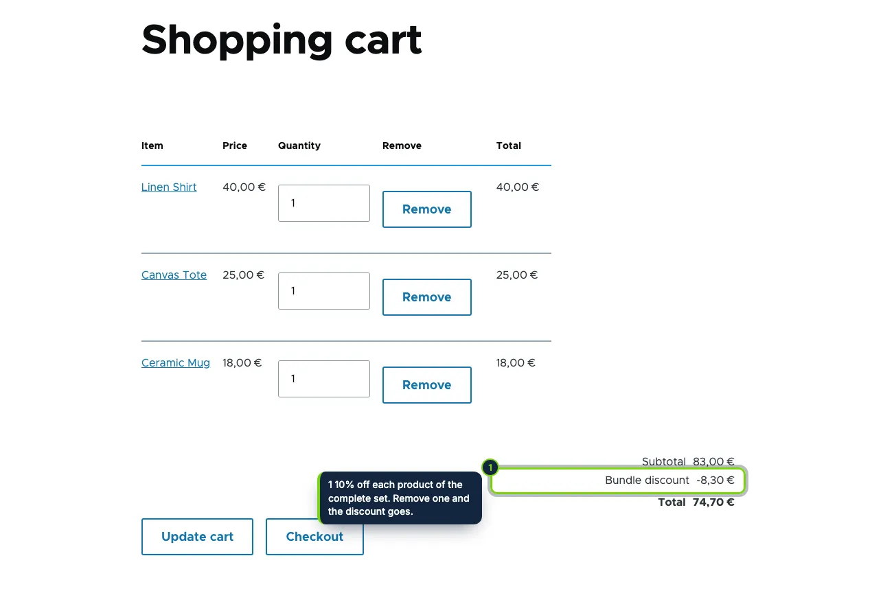 In the cart, the bundle discount is a promotion adjustment of the order items, shown in the order summary.