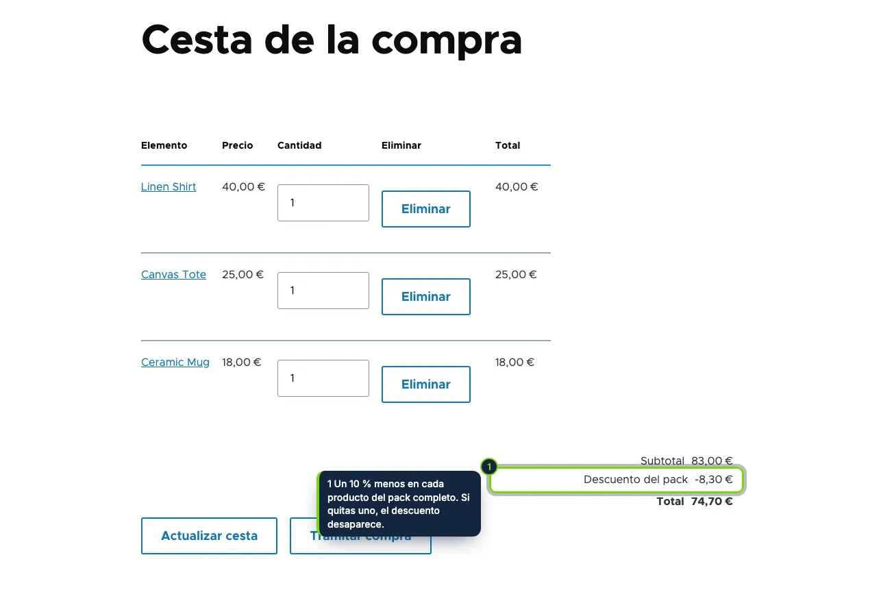En el carrito, el descuento del pack es un ajuste de promoción de las líneas, visible en el resumen del pedido.