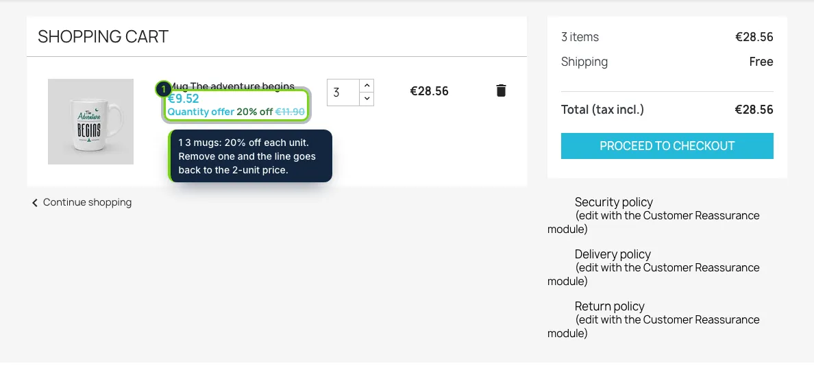 In the cart, the line gets the price of the quantity reached, as a native PrestaShop price.