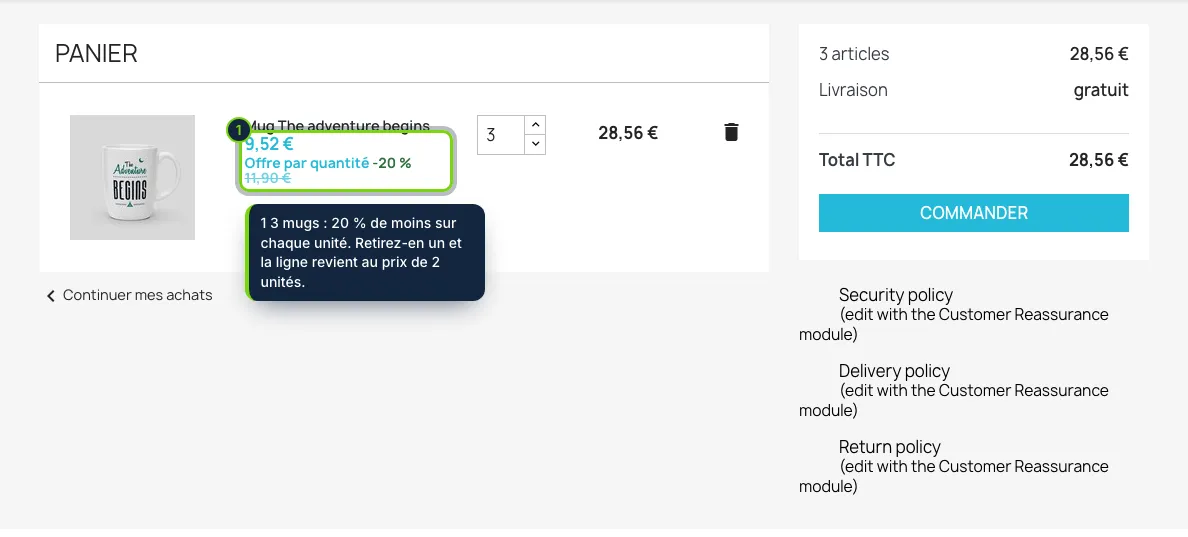 Dans le panier, la ligne prend le prix de la quantité atteinte, comme un prix PrestaShop natif.