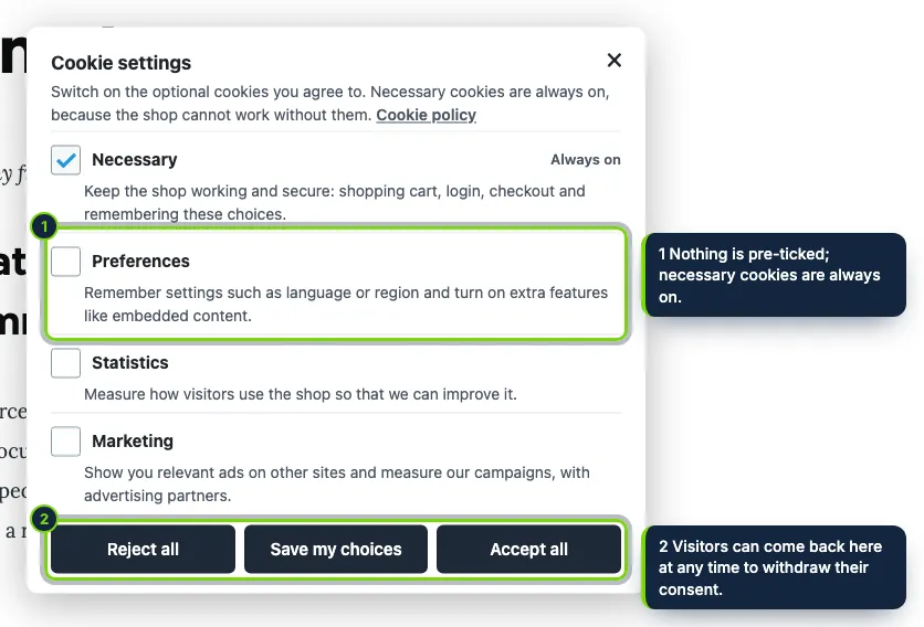 Choosing by category: optional cookies start switched off. The choice goes to Google Consent Mode v2 and unlocks only the scripts of the accepted categories.