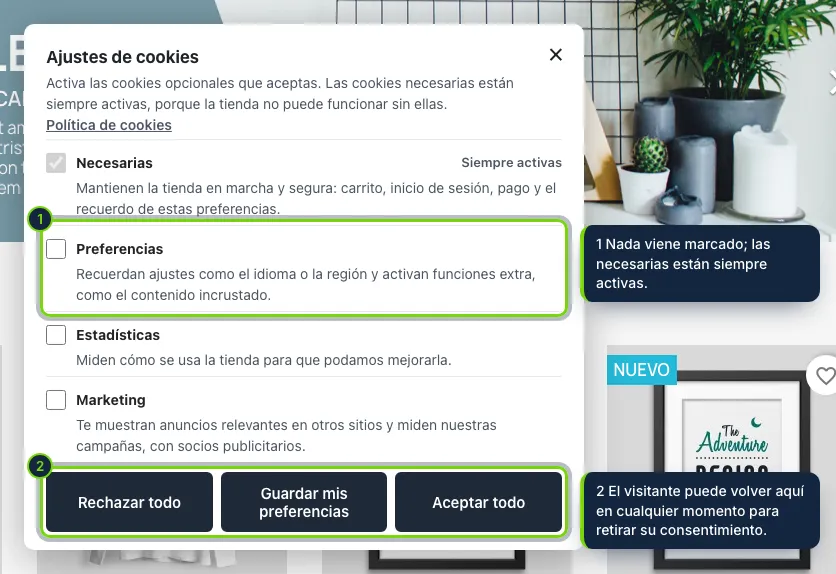 Elección por categoría: las cookies opcionales empiezan desactivadas. La elección se envía a Google Consent Mode v2 y solo desbloquea los scripts de las categorías aceptadas.