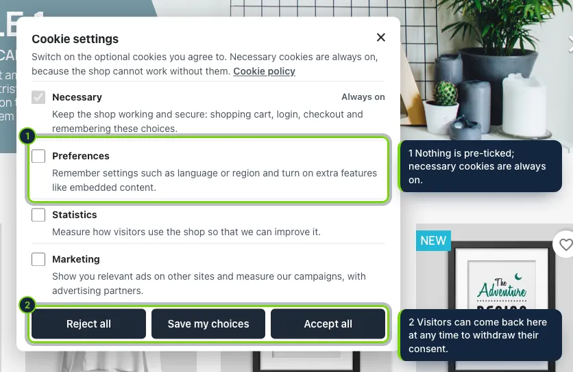 Choosing by category: optional cookies start switched off. The choice goes to Google Consent Mode v2 and unlocks only the scripts of the accepted categories.