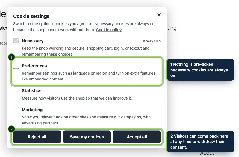 Choosing by category: optional cookies start switched off. The choice goes to Google Consent Mode v2 and unlocks only the scripts of the accepted categories.