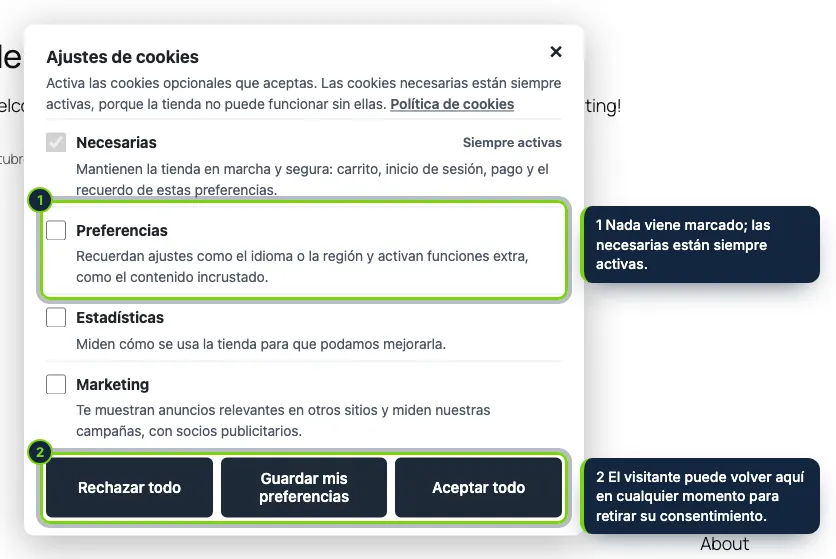 Elección por categoría: las cookies opcionales empiezan desactivadas. La elección se envía a Google Consent Mode v2 y solo desbloquea los scripts de las categorías aceptadas.