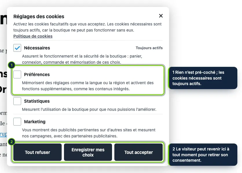 Choix par catégorie : les cookies facultatifs sont désactivés au départ. Le choix est transmis à Google Consent Mode v2 et ne débloque que les scripts des catégories acceptées.