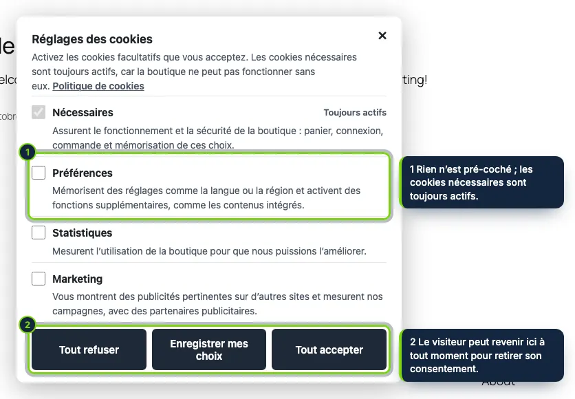 Choix par catégorie : les cookies facultatifs sont désactivés au départ. Le choix est transmis à Google Consent Mode v2 et ne débloque que les scripts des catégories acceptées.