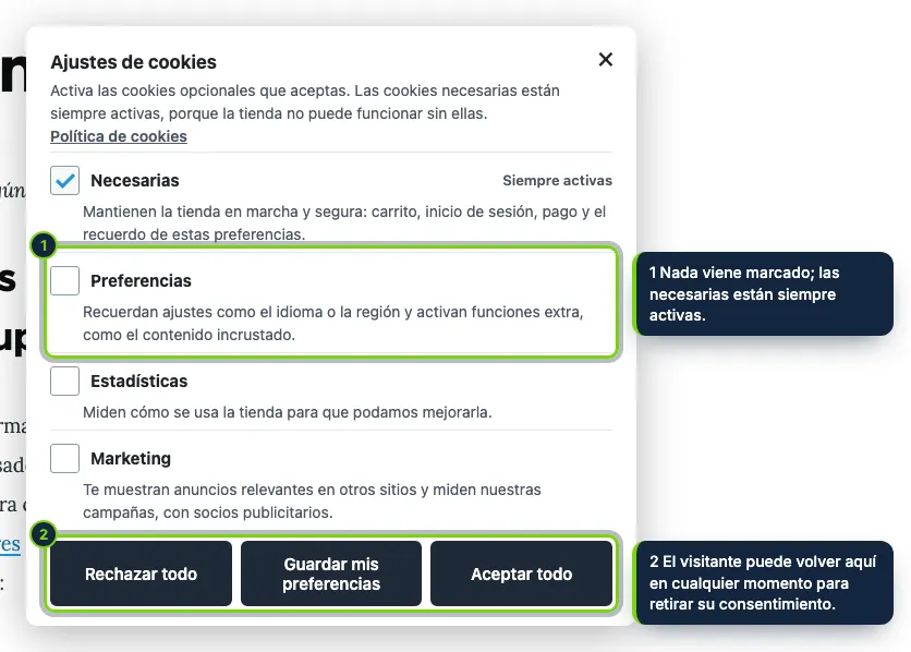 Elección por categoría: las cookies opcionales empiezan desactivadas. La elección se envía a Google Consent Mode v2 y solo desbloquea los scripts de las categorías aceptadas.