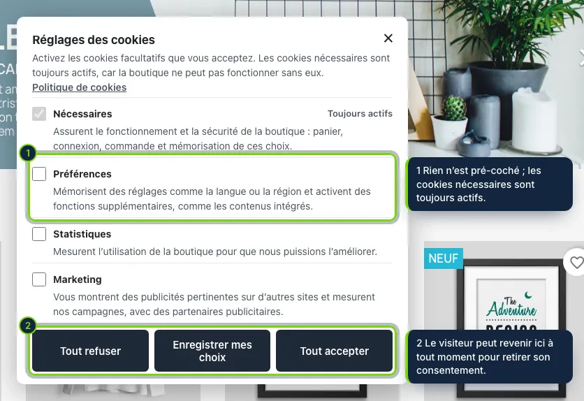 Choix par catégorie : les cookies facultatifs sont désactivés au départ. Le choix est transmis à Google Consent Mode v2 et ne débloque que les scripts des catégories acceptées.