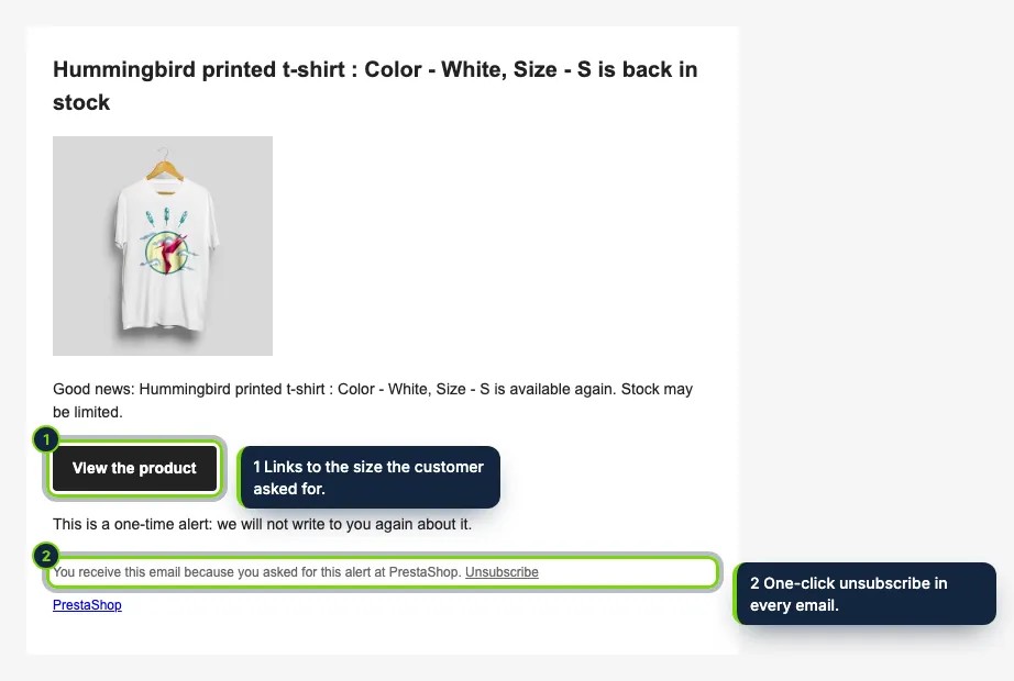 The alert: one email with the product, a button to buy it and an unsubscribe link.