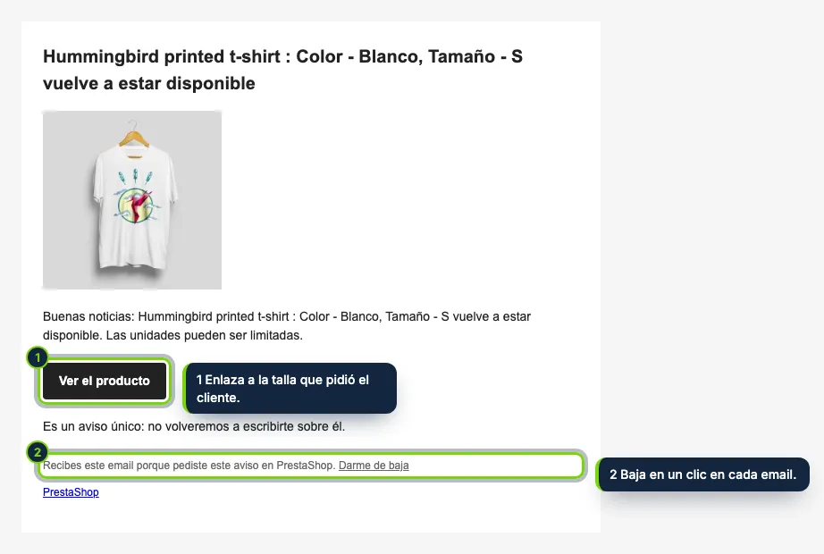 El aviso: un único email con el producto, un botón para comprarlo y un enlace de baja.