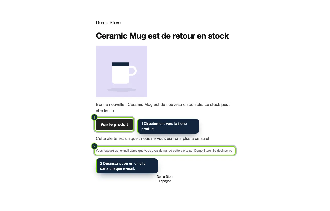 L’alerte, dans la mise en page des e-mails WooCommerce : le produit, un bouton pour l’acheter et un lien de désinscription.