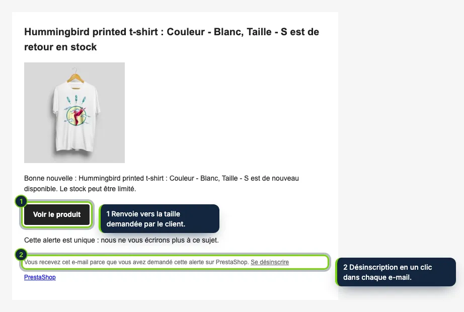 L’alerte : un seul e-mail avec le produit, un bouton pour l’acheter et un lien de désinscription.