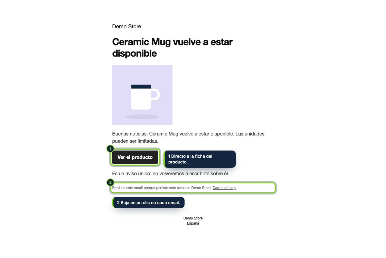 El aviso, con el diseño de emails de WooCommerce: el producto, un botón para comprarlo y un enlace de baja.