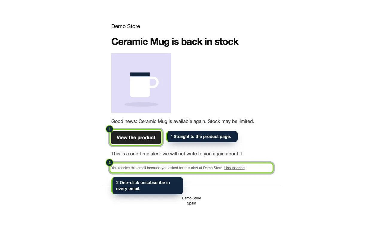 The alert, in WooCommerce’s email layout: the product, a button to buy it and an unsubscribe link.