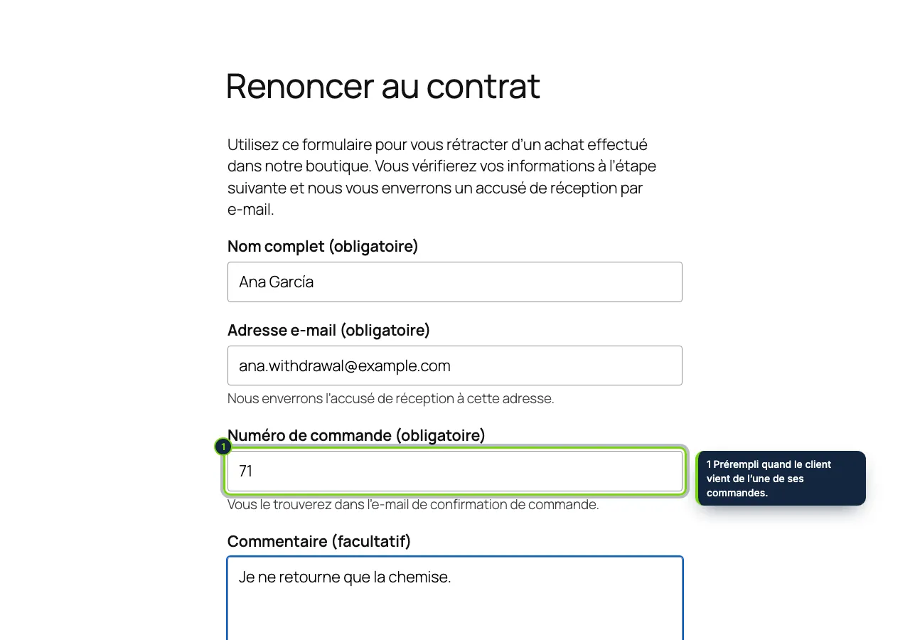 Étape 1 : nom, e-mail et numéro de commande. Pour les invités comme pour les clients connectés.