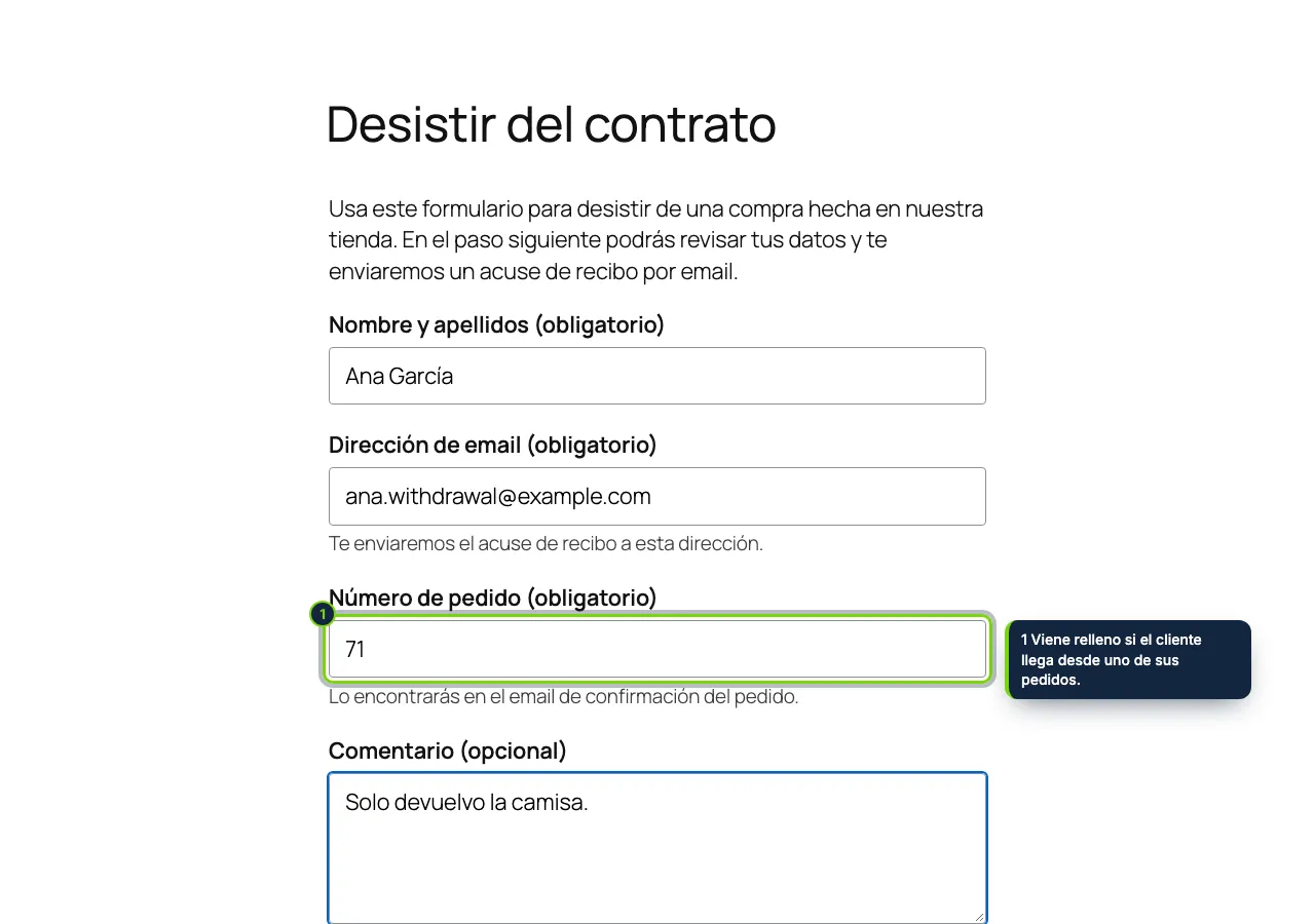 Paso 1: nombre, email y número de pedido. Para invitados y clientes con cuenta.