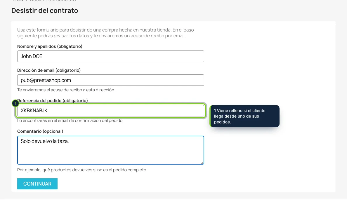 Paso 1: nombre, email y referencia del pedido. Para invitados y clientes con cuenta.