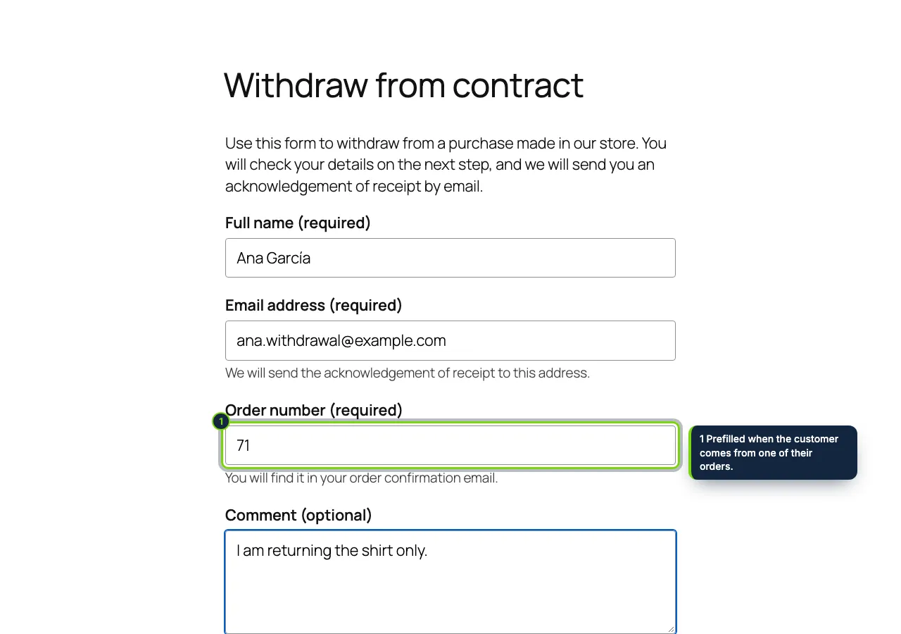 Step 1: name, email and order number. Guests and signed-in customers alike.