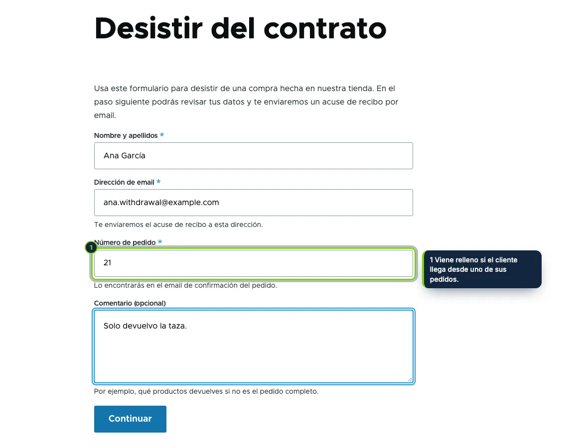 Paso 1: nombre, email y número de pedido. Para invitados y clientes con cuenta.