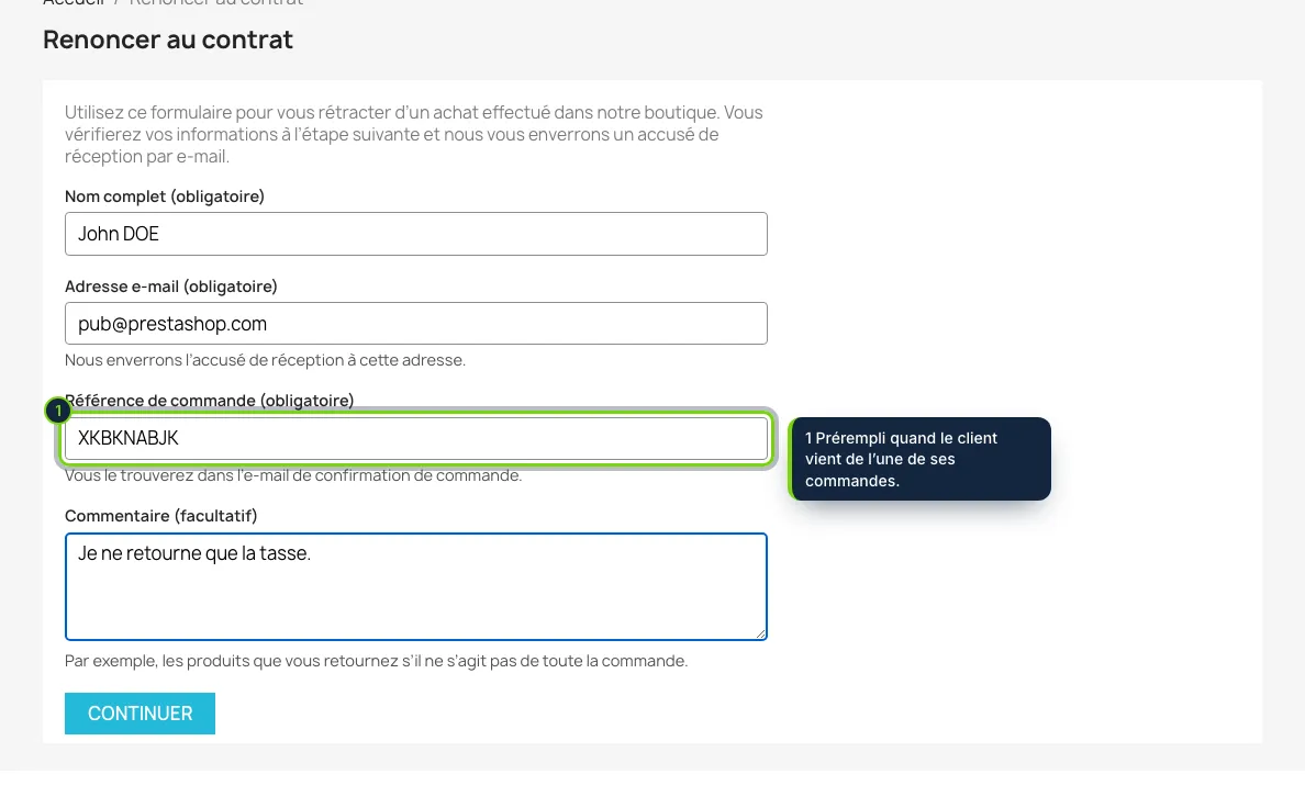 Étape 1 : nom, e-mail et référence de commande. Pour les invités comme pour les clients connectés.