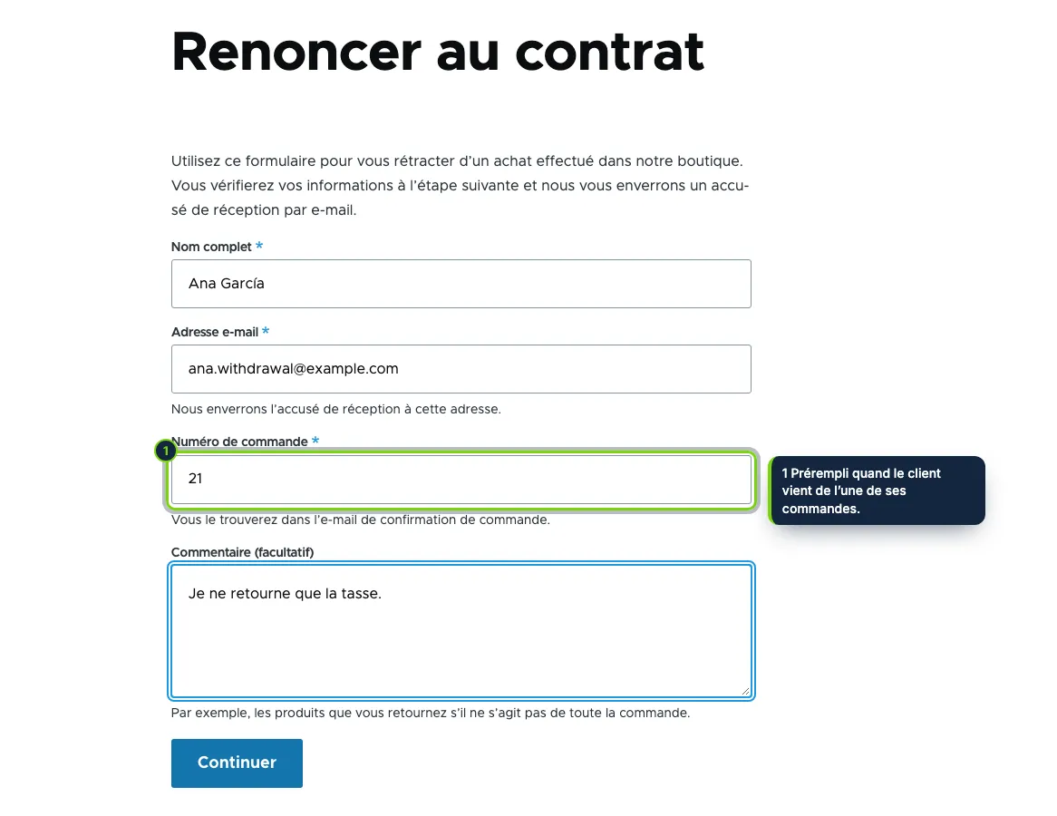 Étape 1 : nom, e-mail et numéro de commande. Pour les invités comme pour les clients connectés.