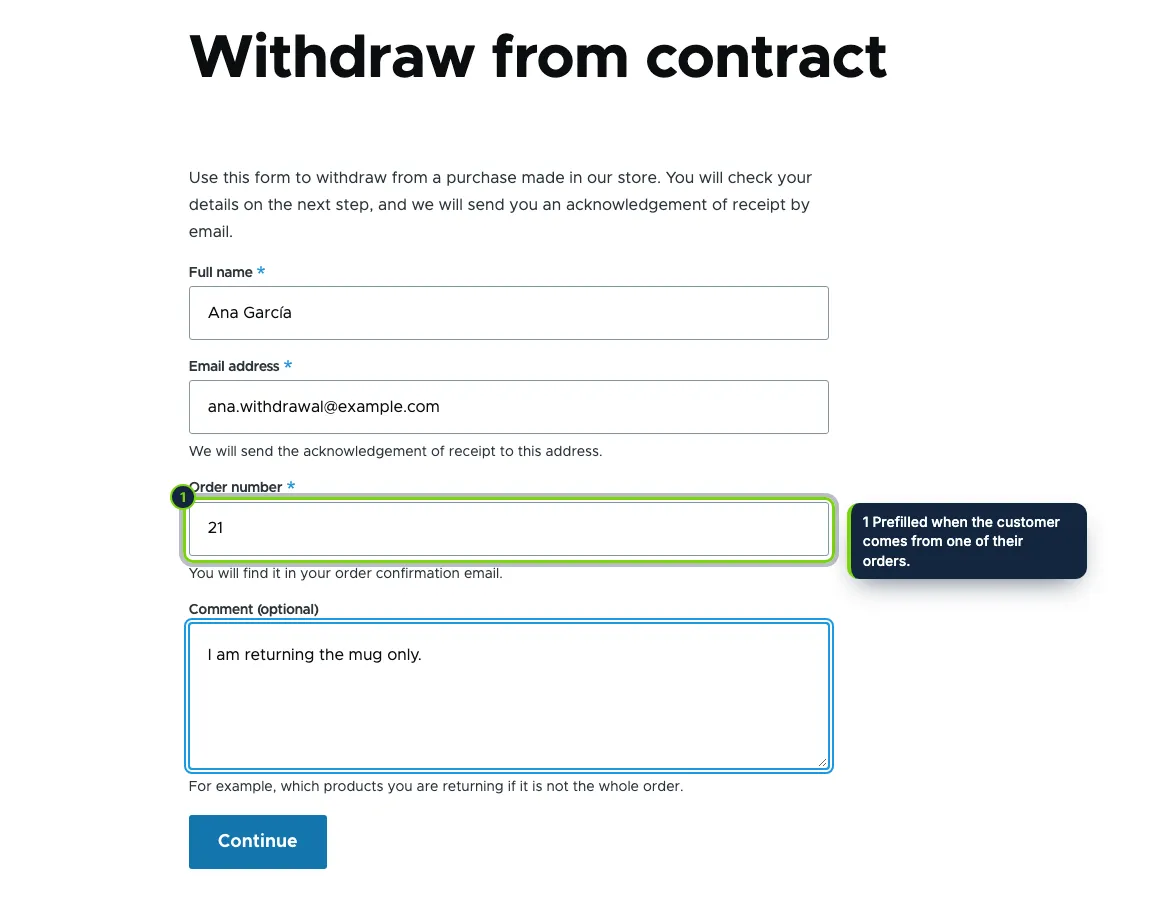 Step 1: name, email and order number. Guests and signed-in customers alike.