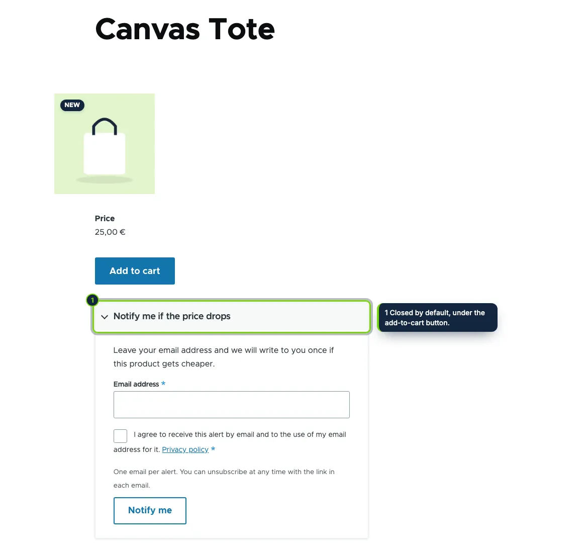 On products in stock, customers can ask to hear about a price drop.