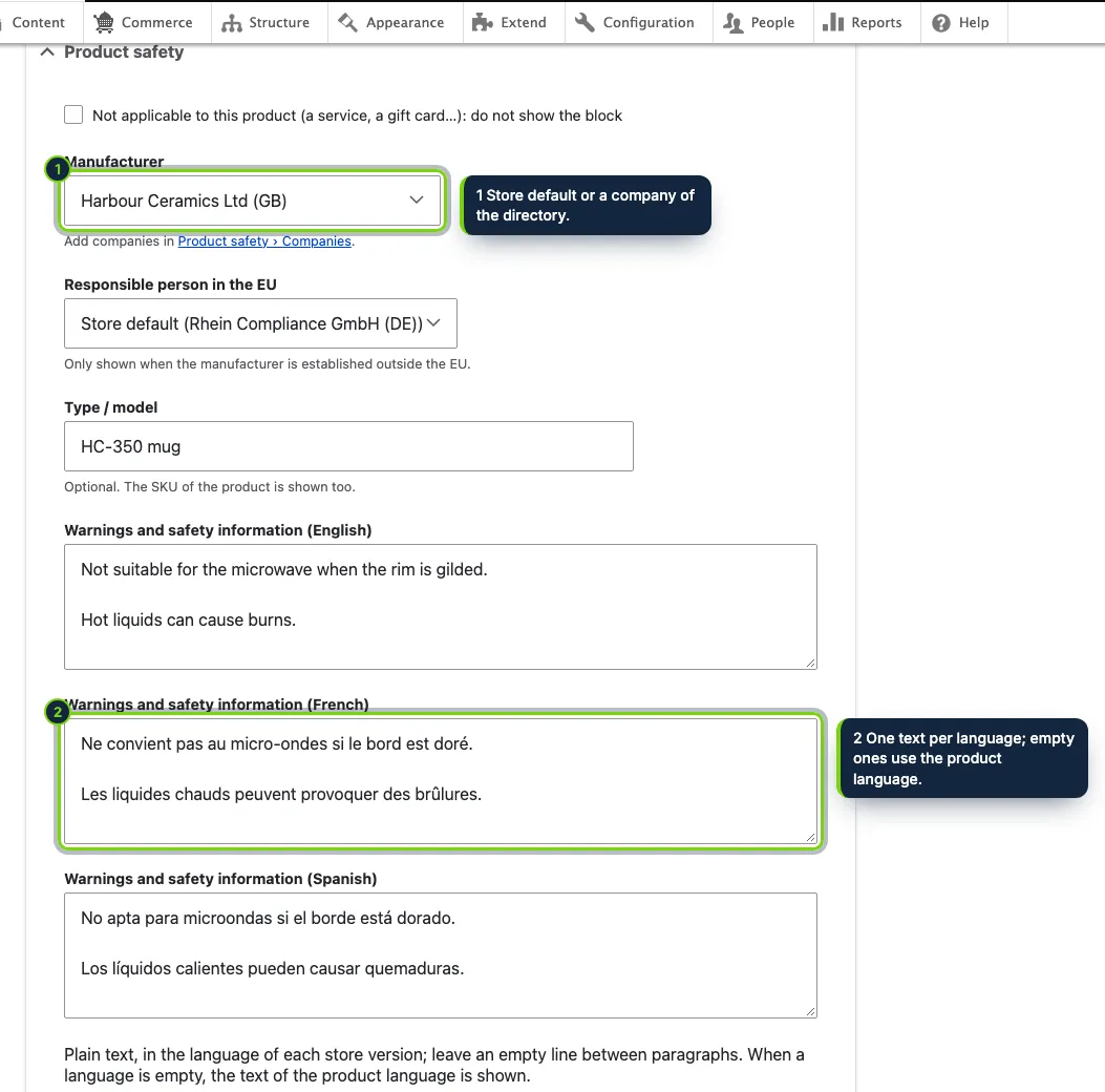 The "Product safety" section of the product form: companies, model and warnings in each language.