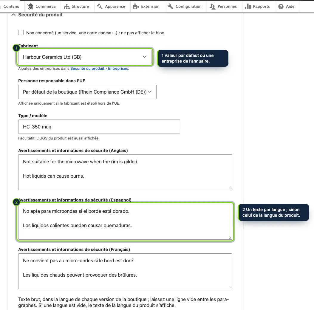 La section « Sécurité du produit » du formulaire produit : entreprises, modèle et avertissements dans chaque langue.