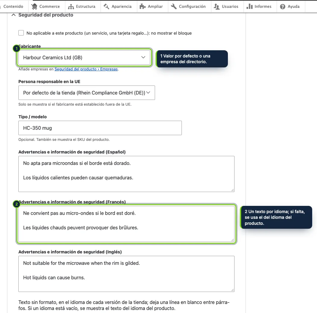 La sección «Seguridad del producto» del formulario del producto: empresas, modelo y advertencias en cada idioma.