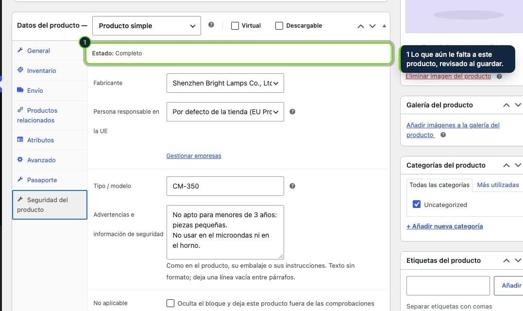 Cada producto puede elegir sus propias empresas y añadir sus advertencias; si no, usa los valores por defecto de la tienda.