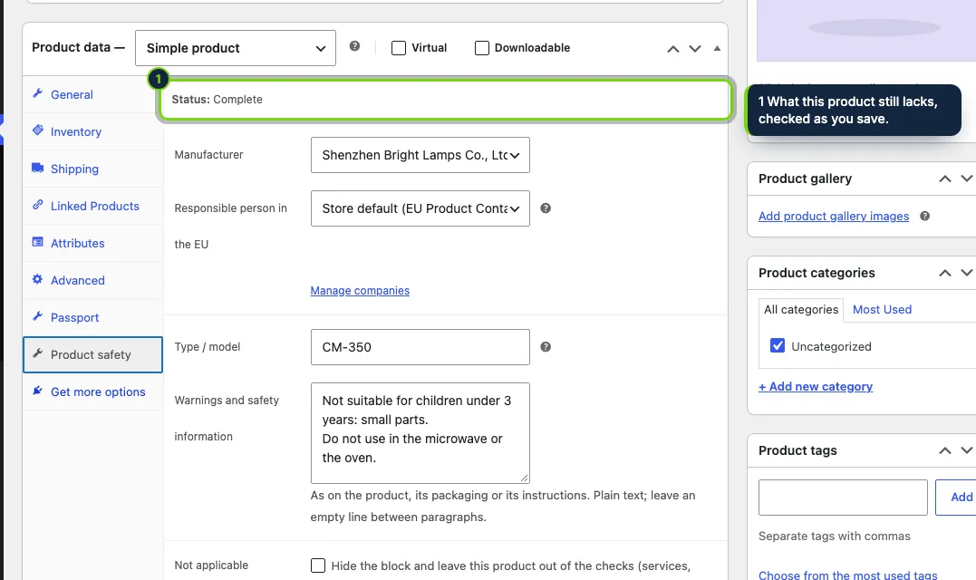 Each product can choose its own companies and add its warnings; otherwise it uses the store defaults.