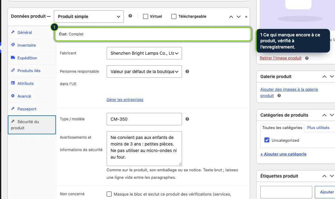 Chaque produit peut choisir ses entreprises et ajouter ses avertissements ; sinon, il utilise les valeurs par défaut.