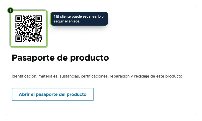 Un bloque «Pasaporte de producto» en la ficha, con el código QR y un enlace.