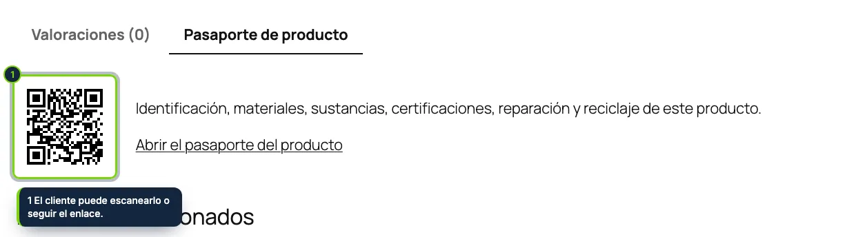 Una pestaña «Pasaporte de producto» en la ficha, con el código QR y un enlace.