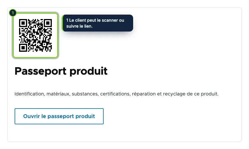 Un bloc « Passeport produit » sur la fiche, avec le QR code et un lien.