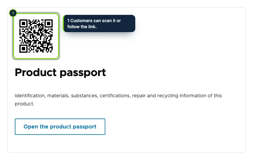A "Product passport" block on the product page, with the QR code and a link.
