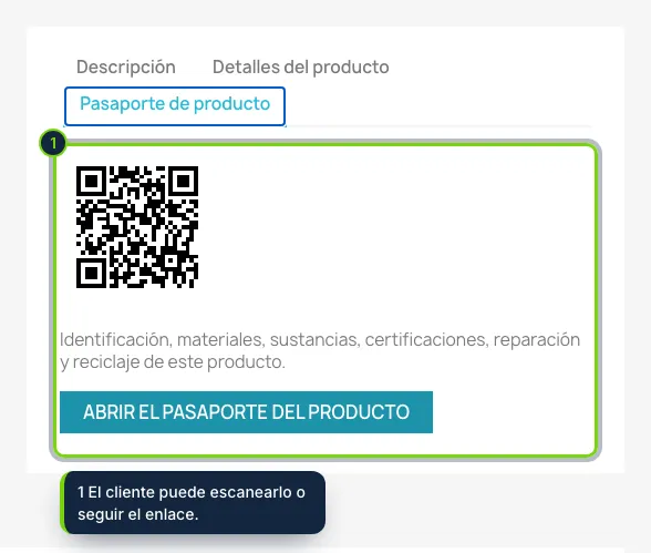 Una pestaña «Pasaporte de producto» en la ficha, con el código QR y un enlace.