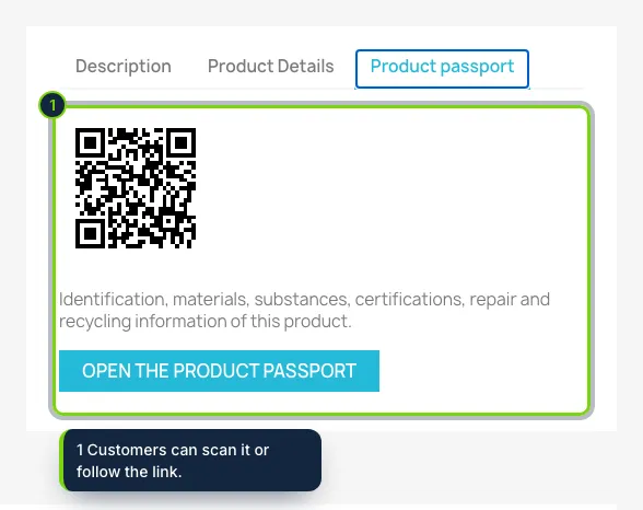 A "Product passport" tab on the product page, with the QR code and a link.