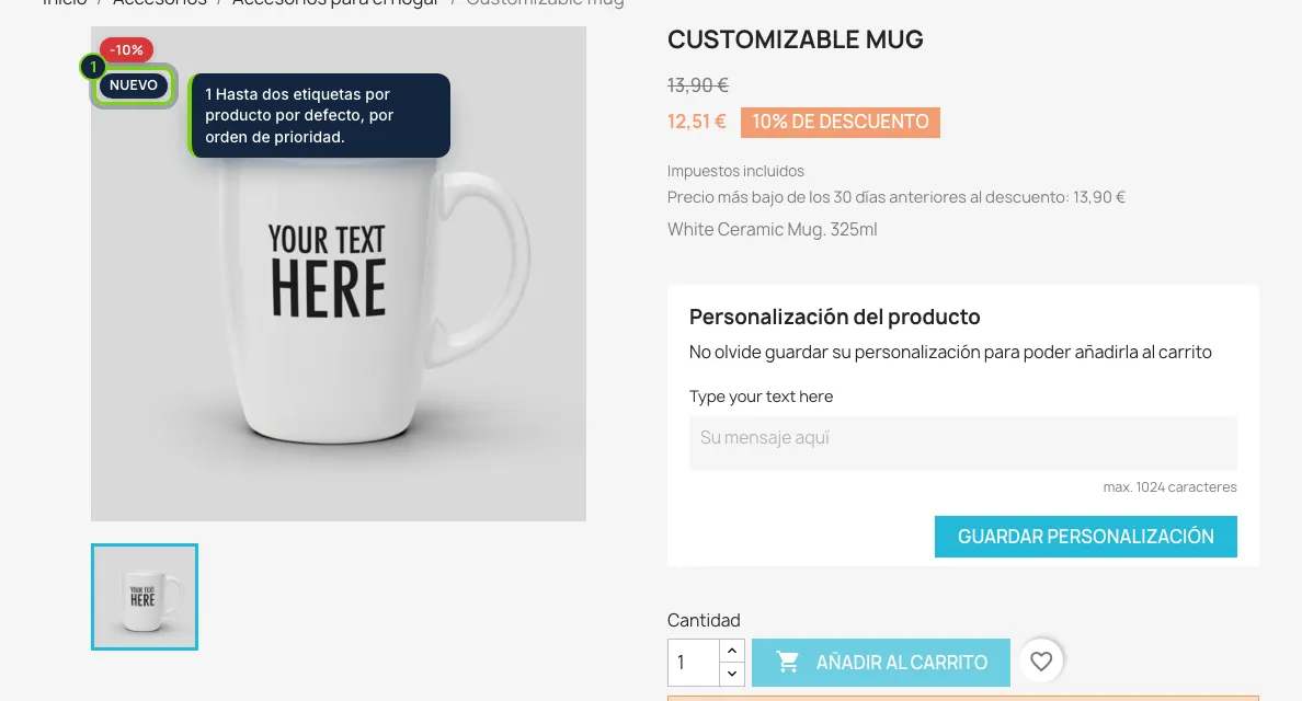 En la ficha de producto las etiquetas aparecen sobre la imagen principal.