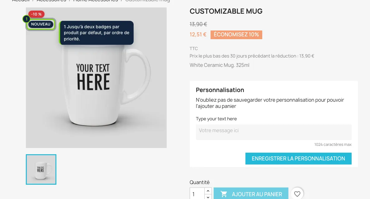 Sur la fiche produit, les badges s’affichent sur l’image principale.