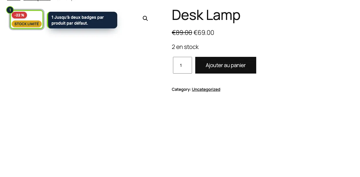 Sur la fiche produit, les badges s’affichent sur la galerie.