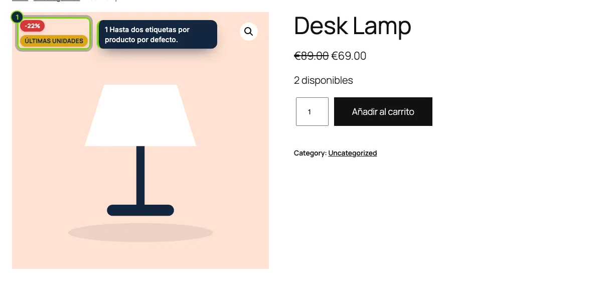 En la ficha de producto las etiquetas aparecen sobre la galería.