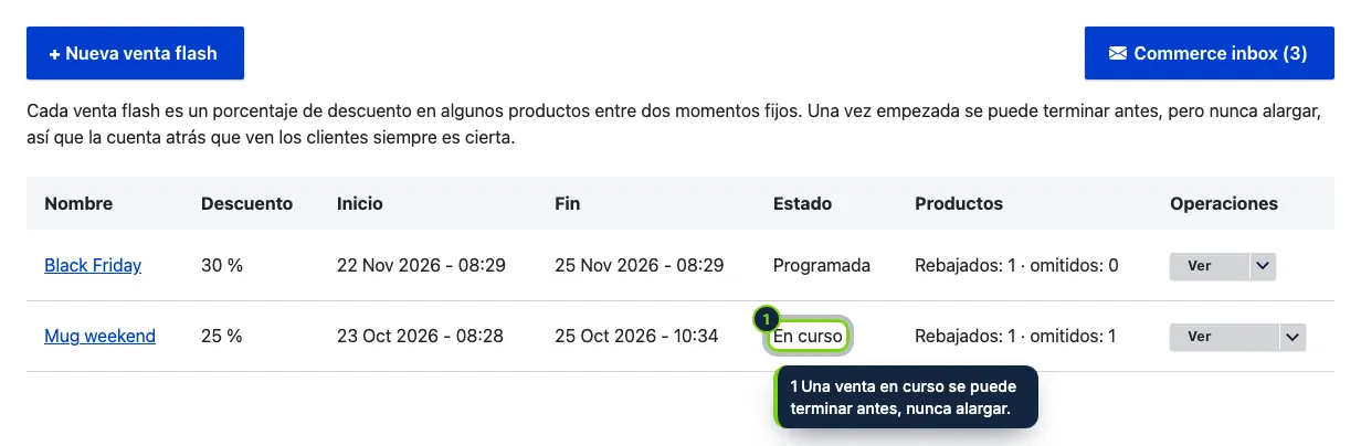 Commerce › Ventas flash: cada venta con sus fechas, estado y productos.