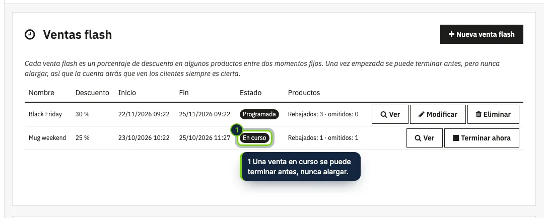 La página del módulo: cada venta flash con sus fechas, estado y productos.