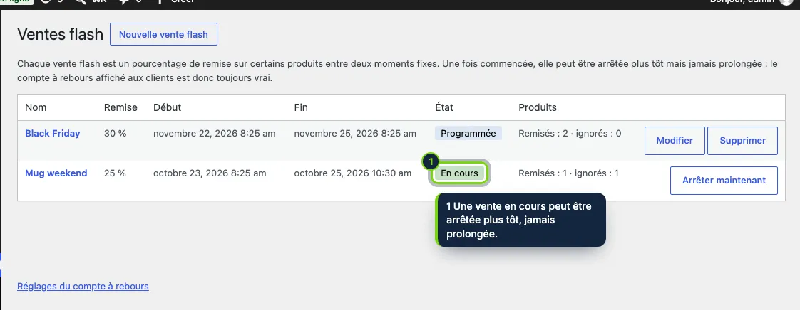Marketing › Ventes flash : chaque vente avec ses dates, son état et ses produits.